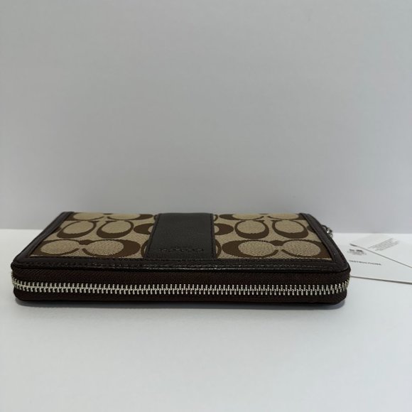 NWT _COACH Leather and Signature Coated Canvas Zip Around Wallet; Khaki/Mahogany - Picture 4 of 6